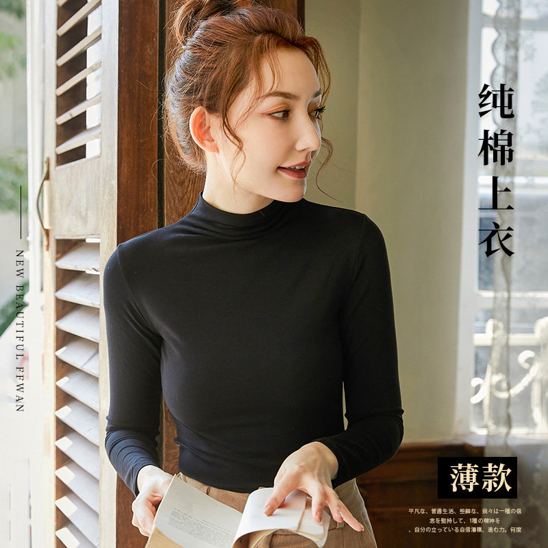 Pure cotton inner lap dresses woman long sleeve large size inner lap jacket half height neckline New inner wearing spring autumn lady autumn clothes thin T-shirt