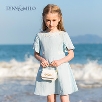 LynnMilo Lynn McRoe 2022 Summer Girls Blue Liondress Dress Foreign Air Korean Version Children Short Sleeve Cute Dresses