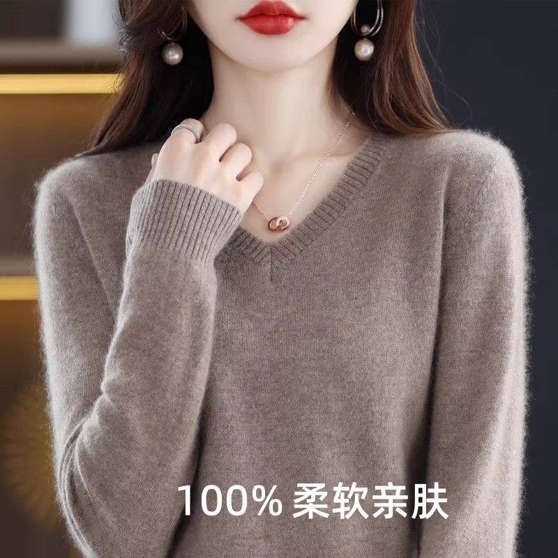 100% однотонный женский свитер в западном стиле; коллекция 2025 года; сезон весна-осень; новый свитер с V-образным вырезом; свободный пуловер; свитер с длинными рукавами; нижняя рубашка Изображение 1