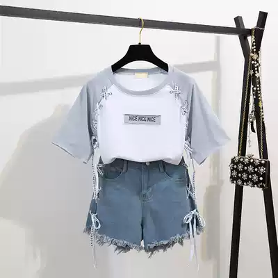 Two-piece student short-sleeved T-shirt denim shorts hot pants women's Korean summer new loose casual top trend
