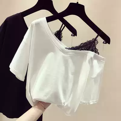 95%cotton lace fake two-piece T-shirt women's summer 2020 new Korean loose strapless short-sleeved student T-shirt women's top