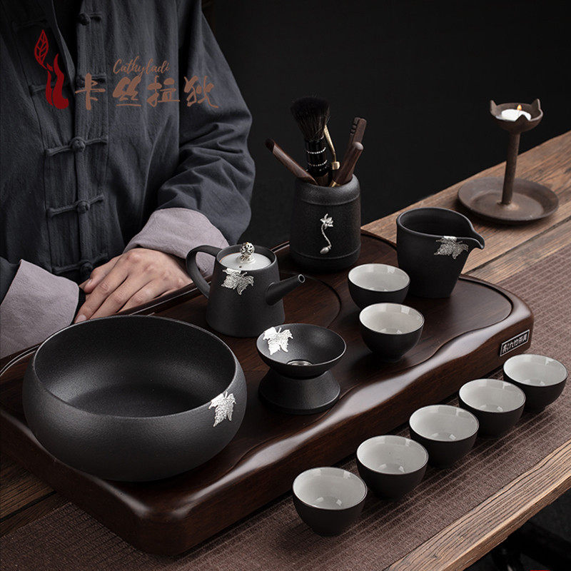 CATHYLADI Black Pottery Kung Fu Tea Set Set Cover Bowl Office Meeting Guests Home Simple Modern Tea Cup Ceramics