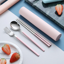 Double Lance 304 Stainless Steel Chopsticks Spoon Suit Single Portable Adolescent Girl Hearts Cutlery Three Sets Student Containing Box