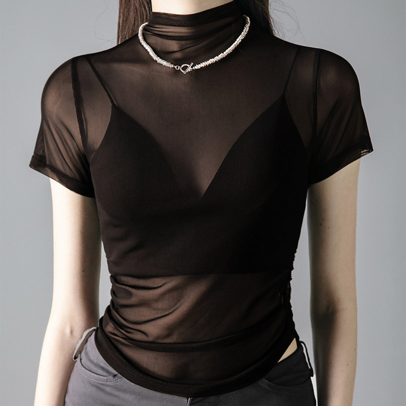 Half-High Collar Short Sheer Mesh Short-Sleeve T-Shirt for Women, Summer High-End Thin Pleated Inner Wear Transparent Top Half-High Collar Short Sheer Mesh Short-Sleeve T-Shirt for Women, Summer High-End Thin Pleated Inner Wear Transparent Top