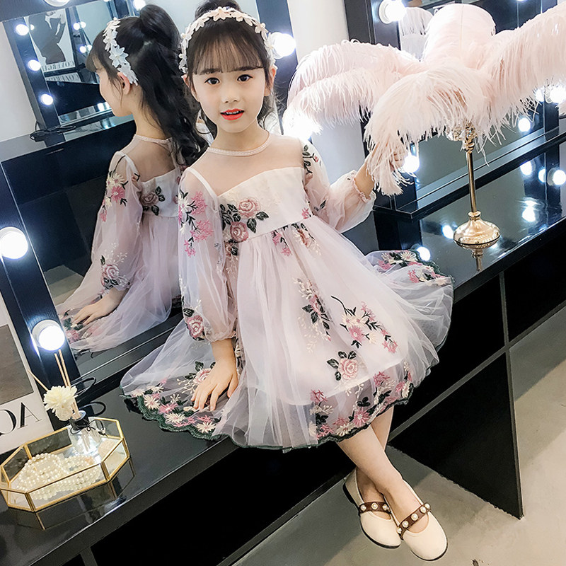Korean girls summer dresses 2022 new summer middle-aged children's western style children's mesh embroidered princess skirt