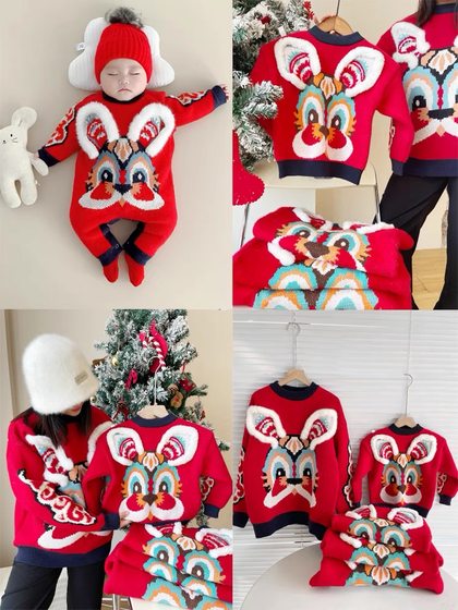 Year of the Rabbit parent-child outfit 2023 autumn and winter new trendy sweaters for a family of three and four knitted sweaters festive and stylish family outfits