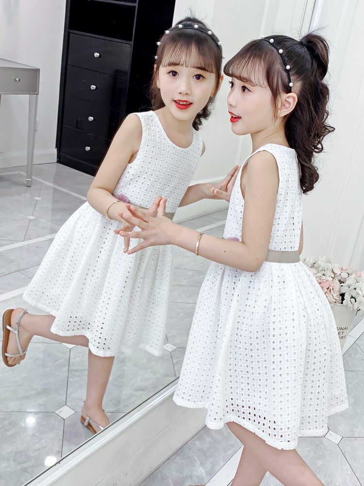 Girls' cotton dress 2022 summer new Korean version girl solid color skirt sleeveless Western style vest princess skirt