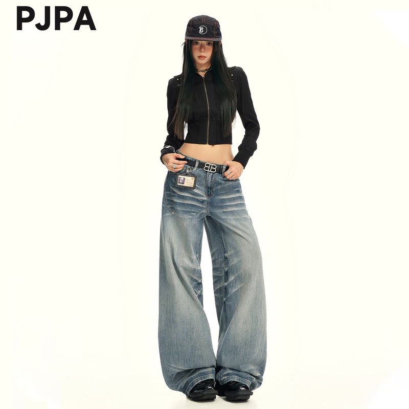 Pjpa Wide-Leg Jeans for Women, Spring New Style, American Retro Washed Loose Fit, Scimitar Design, Embroidered Floor-Length Pants