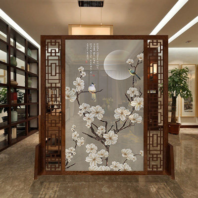 New Chinese screen severance living room office landscape and water mobile seat screen Fengshui solid wood flower bird