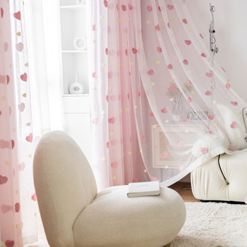 Pink love embroidered gauze curtain high blackout curtain window screen