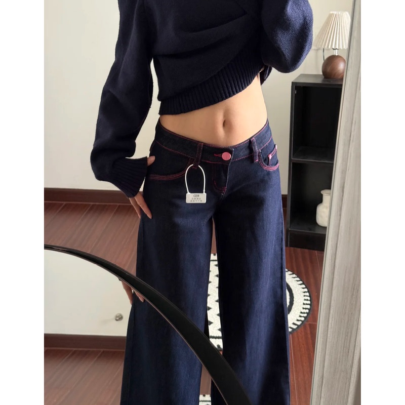 Petite 2026 New American Retro Design Pink Stitching Raw Denim Color Slimming Straight Wide-Leg Jeans for Women Petite 2026 New American Retro Design Pink Stitching Raw Denim Color Slimming Straight Wide-Leg Jeans for Women