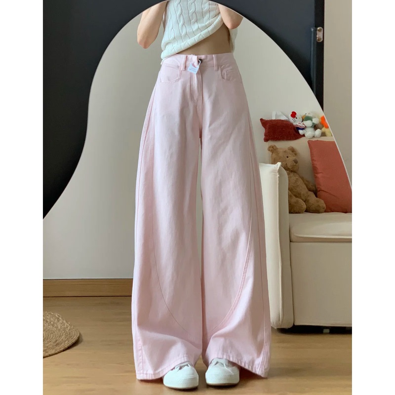 145 Petite Dopamine Pink Jeans for Women, Summer High-Waisted Loose Drape Straight Wide-Leg Floor-Length Pants