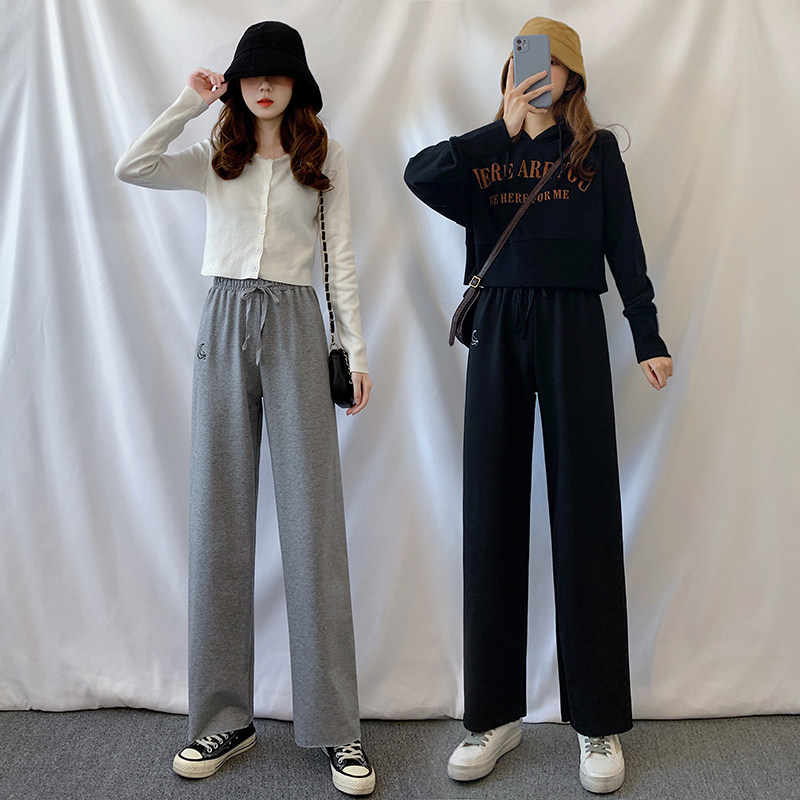 Tide brand high waist sports pants women's summer New loose straight wide pants high waist hanging feeling thin casual thick cotton pants