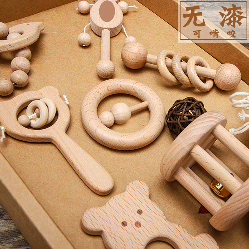 Newborn Baby Toys Newborn 100 Days Wood Kids Full Moon Baby 3-6 Months HandBell One Year Old Gift Box Teeth Grinding