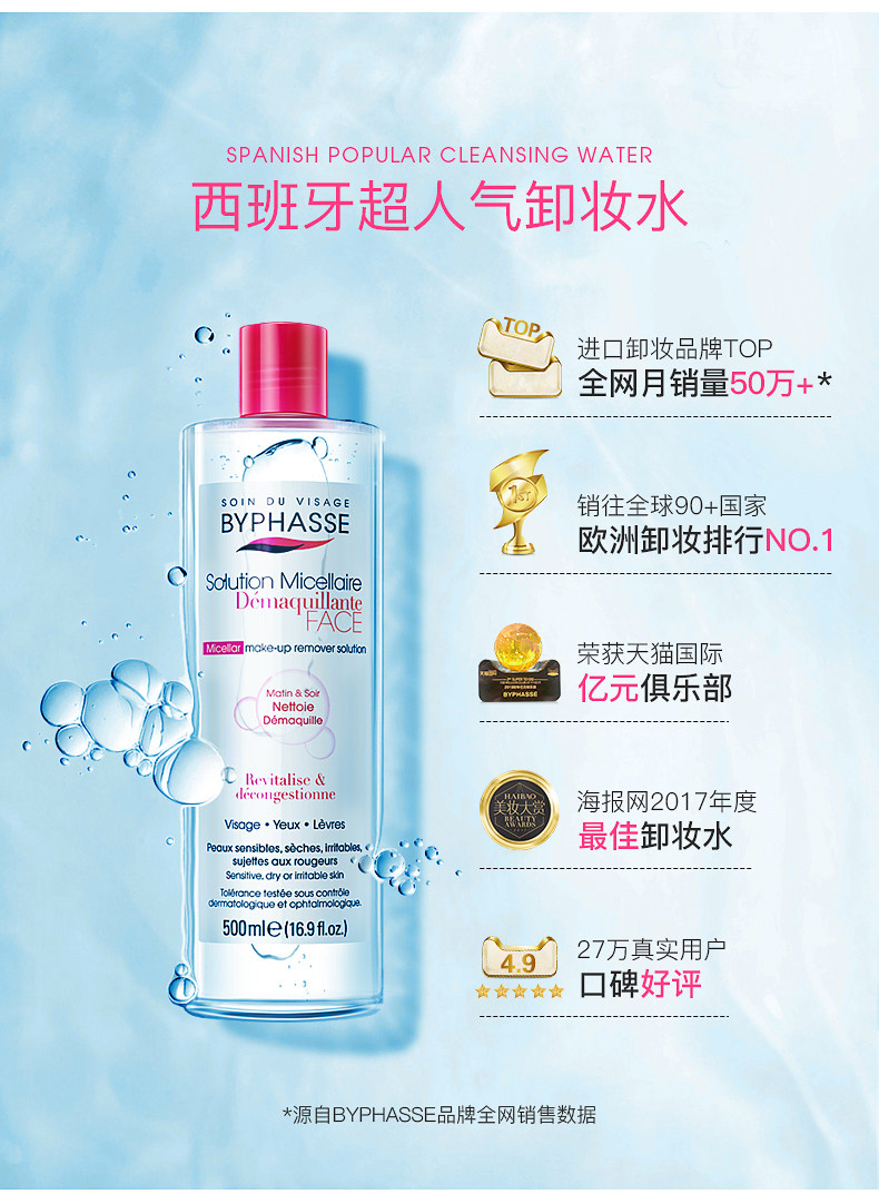 西班牙进口 蓓昂斯 byphasse 温和卸妆水 500ml*2瓶 图1