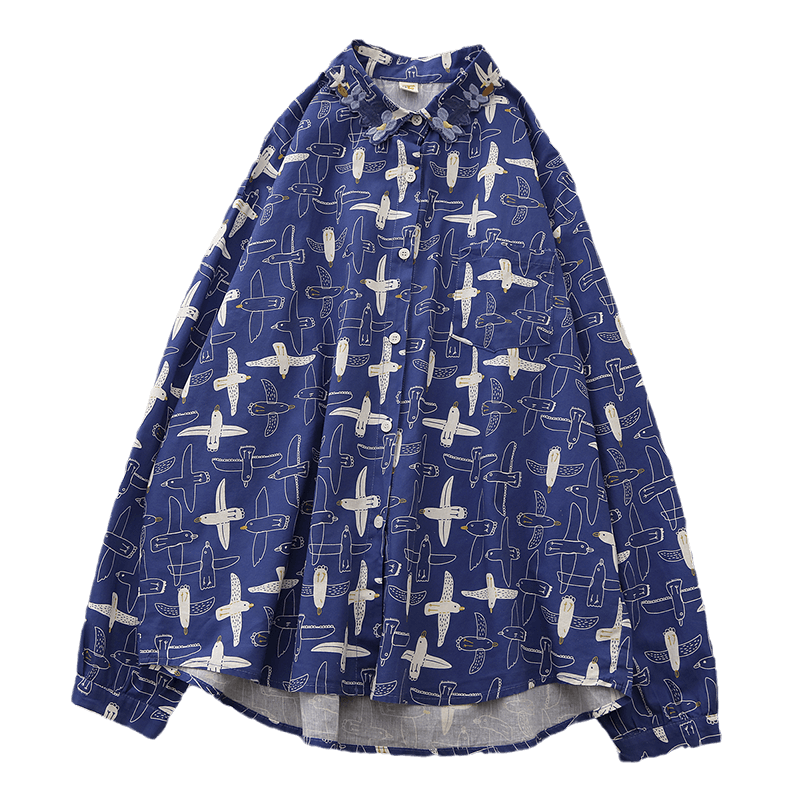 Loose artistic single-breasted long-sleeved cartoon bird print