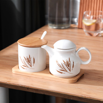 Wheat ear ceramic seasoning box set restaurant chili jar vinegar kettle kitchen sugar salt MSG seasoning jar oil kettle with spoon