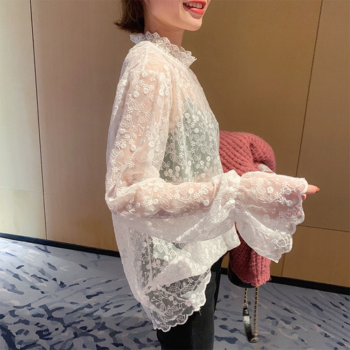 Кружевной демисезонный приятный телу лонгслив, высокий воротник, 2020, в западном стиле