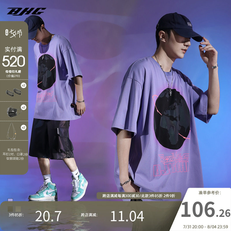 BJHG Summer New Dazzling Laser Reflective Planet Short Sleeve T-shirt Male Boomer Loose Couple Halfcut Mid-Sleeve T-shirt