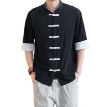 Tang suit mens top single-piece short-sleeved shirt Chinese style stand collar plate button young casual tunic suit Hanfu Buddhist style