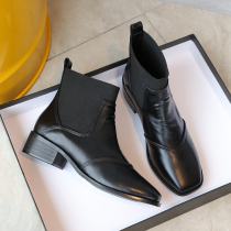 Genuine leather Chelsea short boot female square head coarse heel nude boots spring autumn single boots small size womens boots big code womens shoes