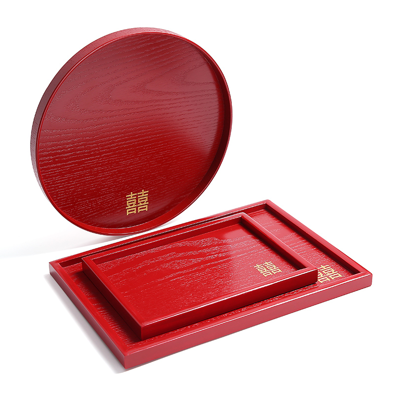 Wooden tray red toast plate festive candy plate wedding supplies household square round wedding toast tea cup tray