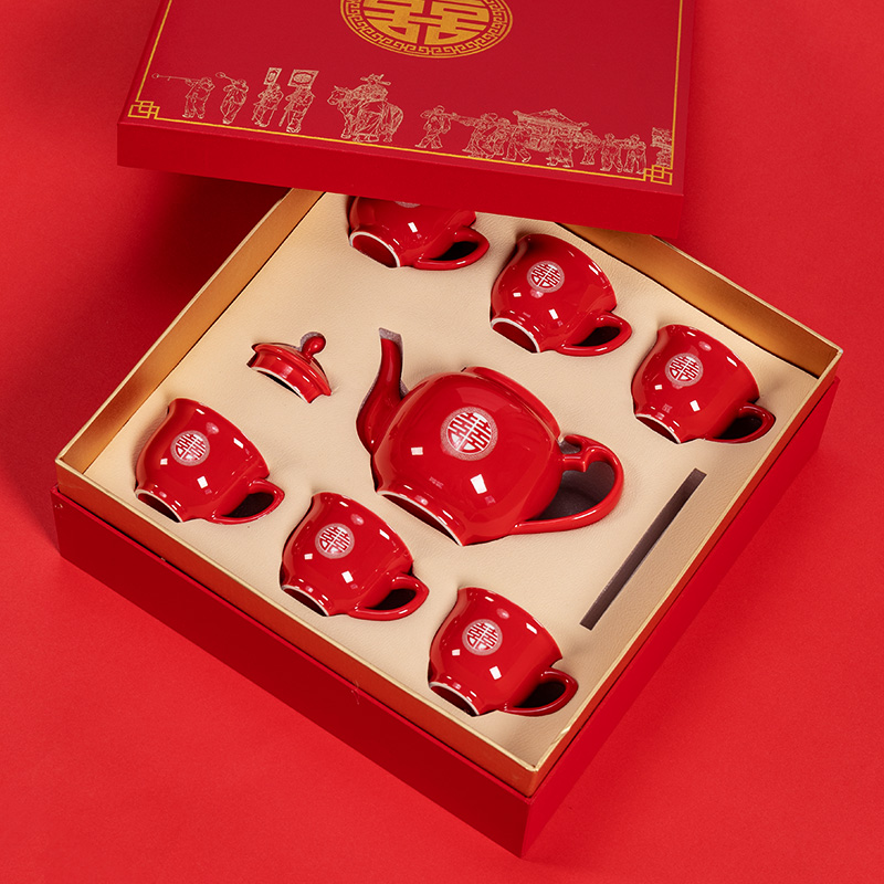 Wedding Tea Set Group Red Toast Tea Cup Home Festive Chinese Wedding Escort Gift Biking Teacup Tea Cup