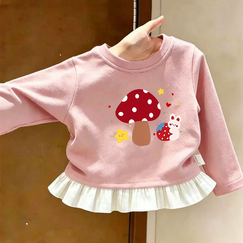 Girls' Cute Cartoon Print Long-Sleeved T-Shirt with Pink Lace Splicing Hem Skirt, Stylish Baby Versatile Base Shirt