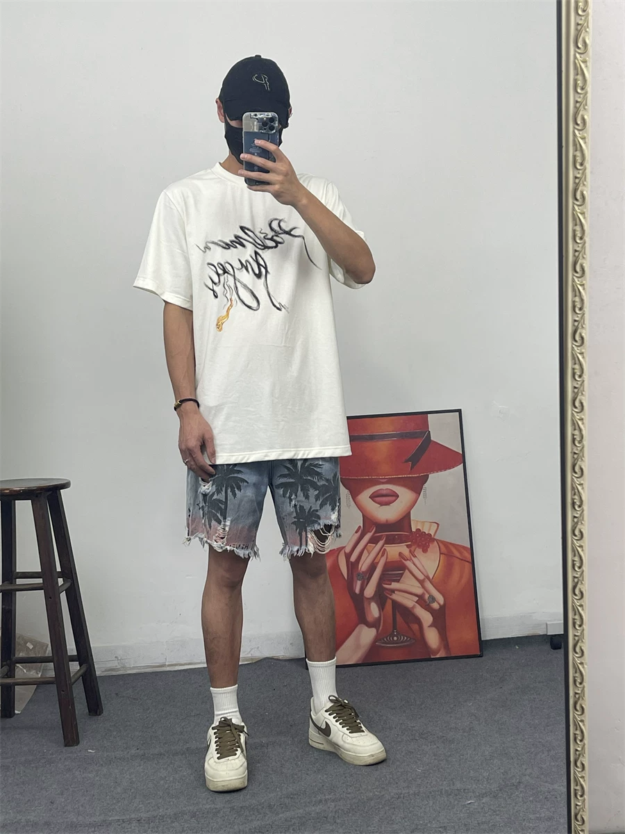 PALM Palm Angel Angels Write Smoke Alphabet Printing Men and Women Short Sleeve Loose Loose Leisure T -shirt 24s