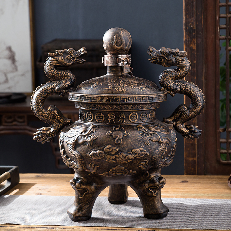 Jingdezhen art move jars 5 jins of 10 jins imitation copper carved dragon playing ball bottle wine for furnishing articles