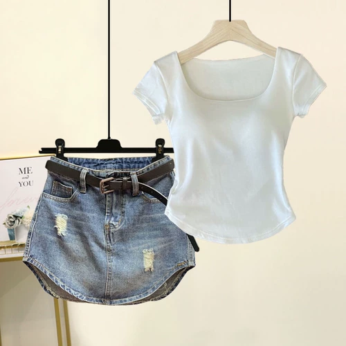 Летний приталенный комплект, футболка с коротким рукавом, защитное белье, джинсовая юбка