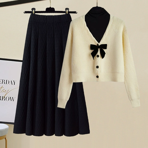 Милый демисезонный комплект, кардиган с бантиком, длинная юбка, в корейском стиле, V-образный вырез, средней длины