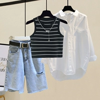 Черный жилет, синяя рубашка, джинсы, комплект, 3 предмета