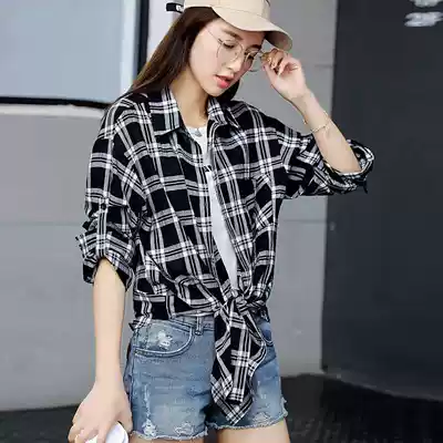 2019 autumn new Korean loose retro striped plaid shirt women's mid-length long-sleeved student shirt outside