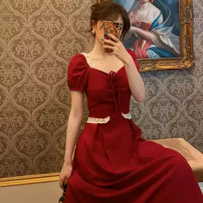 2021 summer New temperament thin shoulder shoulder French girlish romantic summer dress two-color Long Short