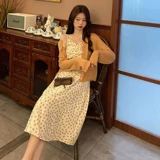 Весеннее ретро платье, платье-комбинация, кардиган, комплект, в цветочек, французский ретро стиль