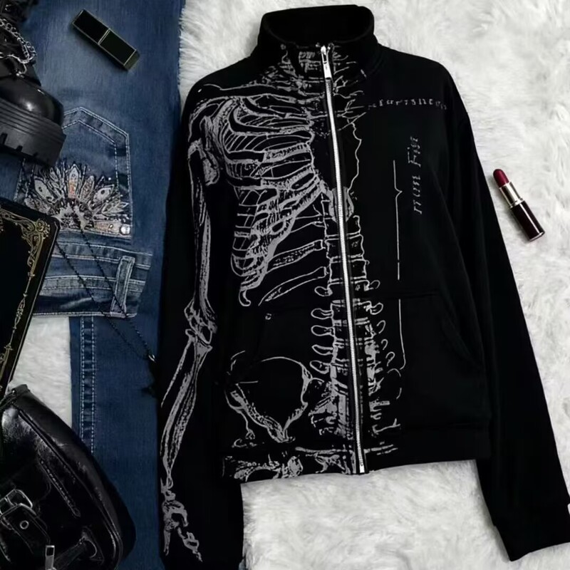 Y2K Subculture Street Vintage Black Skull Cardigan Stand-Up Collar Jacket for Men and Women Autumn and Winter Fleece-Lined Top