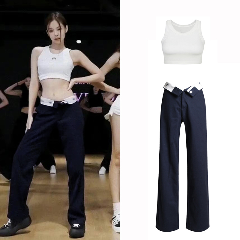 Jennie-Style American Hot Girl Straight-Leg Pants for Women, Spring and Autumn High-Waisted Casual Cuffed Narrow Wide-Leg Pants