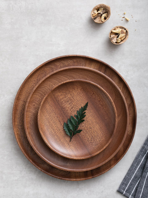 Solid wood round plate plate ebony wooden round plate wooden dessert dried fruit nut melon seed plate plate homestay tableware