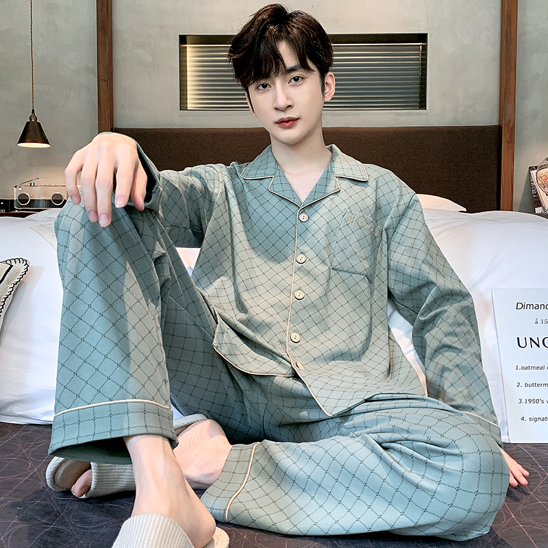 Langsha Men's Pajamas Spring and Autumn Cotton Lapel Long-Sleeved Cardigan Casual Plus Size Youth Home Wear Set