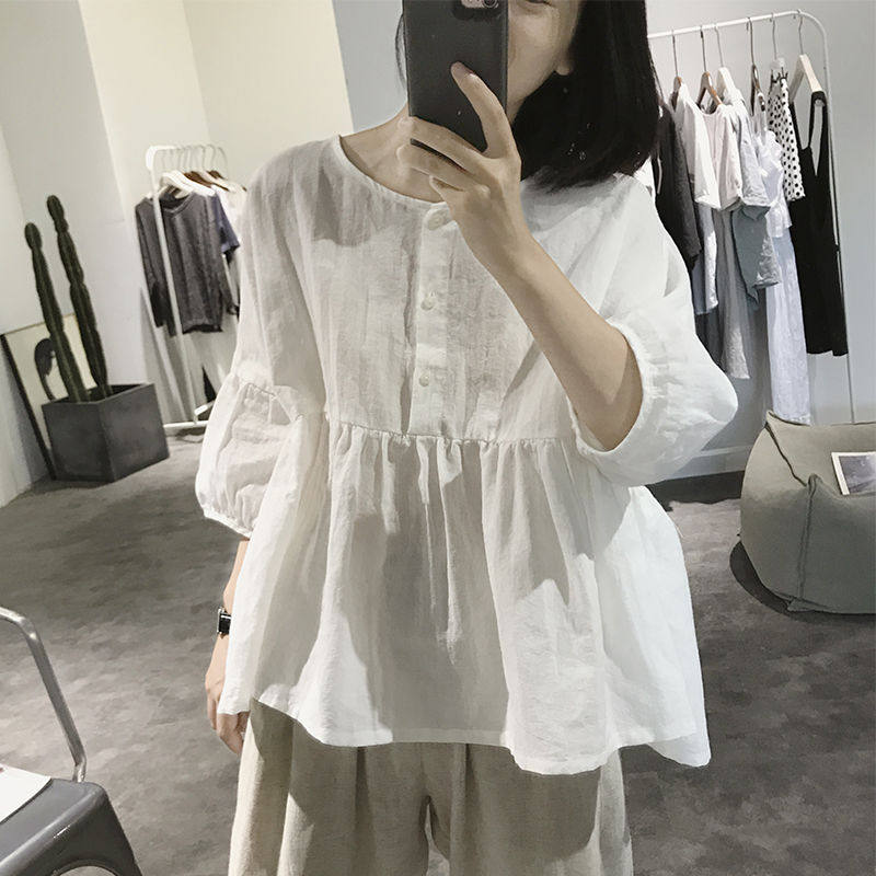 Cotton and linen doll shirt women's summer loose large size five-point sleeve design sense niche linen lantern sleeve shirt