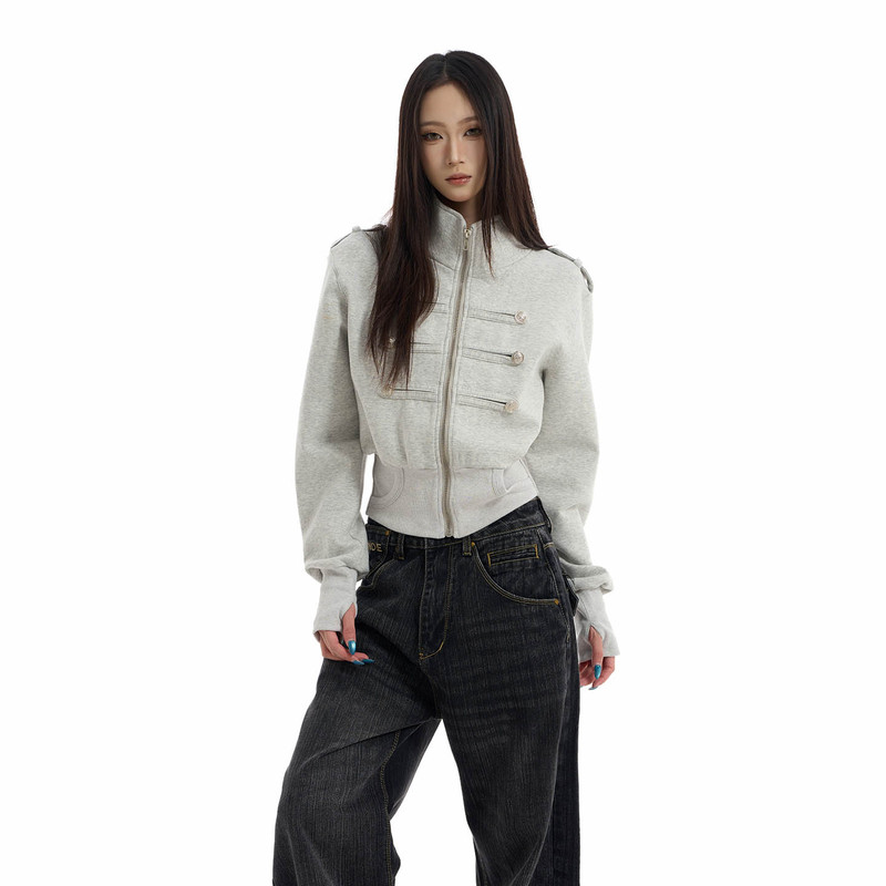 Talk Later Retro Napoleon Court-Style Stand-Up Collar Short Jacket for Women, Waist-Cinching Slimming Cardigan Sweatshirt Jacket Trendy