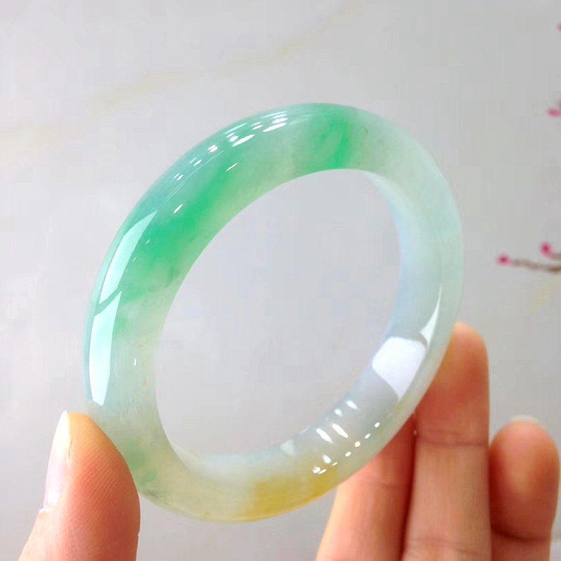 Natural Burmese ice species round strip jade bracelet floating green flower circle bracelet three-color jade bracelet women's special counter hot sale