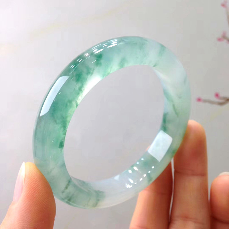 Natural Burmese jade bracelet women's old pit glass ice species floating green flower jade bracelet wide version with certificate
