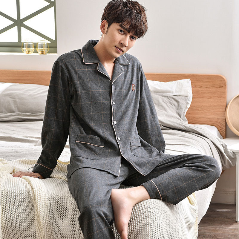 Men's cotton pajamas spring and autumn long-sleeved two-piece Korean version cotton youth plus size casual thin homewear