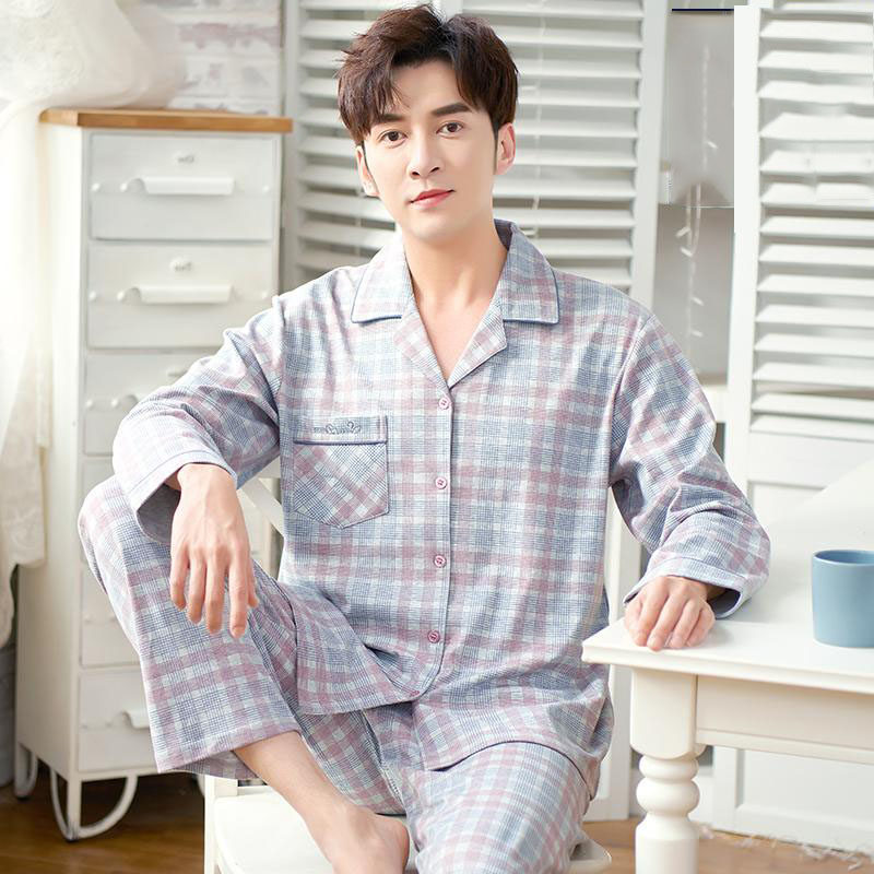 Pajamas Men's Casual Cotton Long Sleeve Korean Cardigan Cotton Simple Fashion Comfortable Spring and Autumn Homewear Set