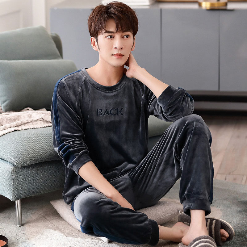 Autumn and winter island velvet men's pajamas long-sleeved coral velvet suit flannel thickened round neck can be worn as home clothes