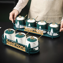 Porcelain wood pot Nordic light luxury ceramic seasoning pot combination set Household kitchen supplies with lid seasoning box storage