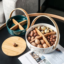 Porcelain wood plate light luxury fruit plate Creative modern living room household ceramic snack plate with lid Grid plate Fruit platter