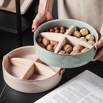 Porcelain wood box creative grid snack box Household multi-function snack fruit plate Light luxury living room candy plate fruit plate